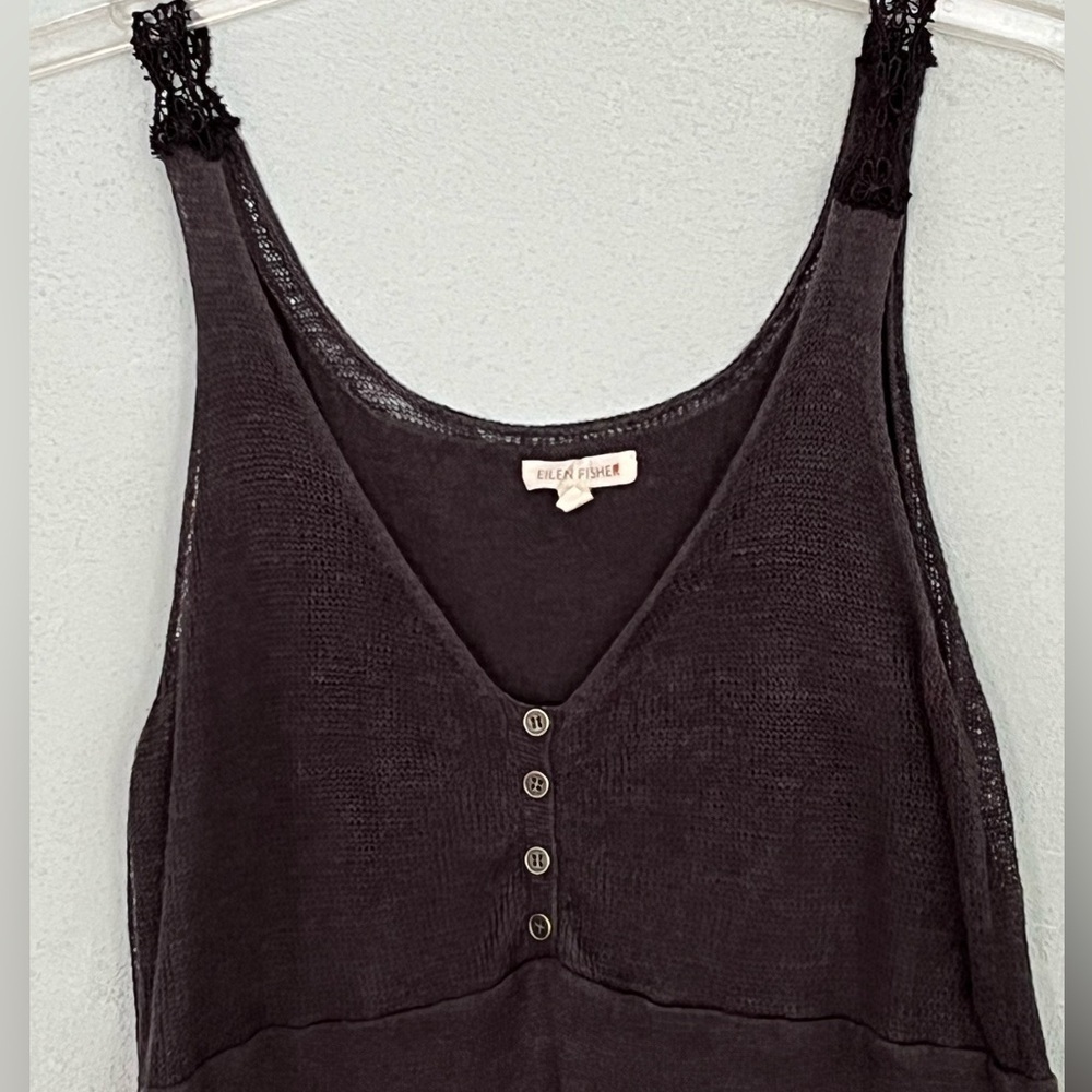 Eileen Fisher 100% Linen Sleeveless Tank Dress Charcoal Lace Strap Minimalist XS - Picture 2 of 15
